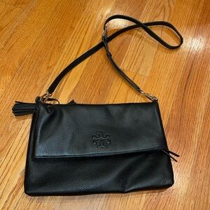 Tory Burch black leather cross body flap bag